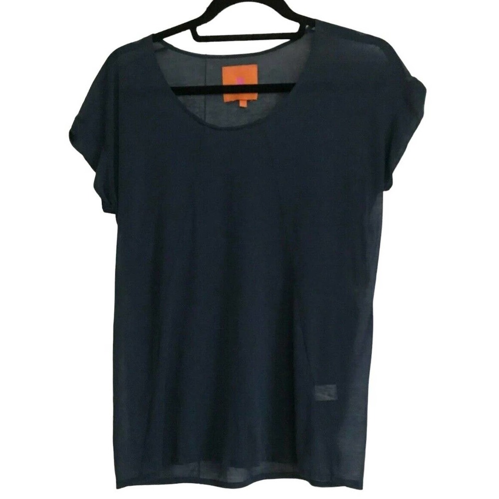 MAGGIE WARD Semi Sheer TShirt Tee Top Navy Blue Lyocell Cap Sleeve Scoop Neck XS